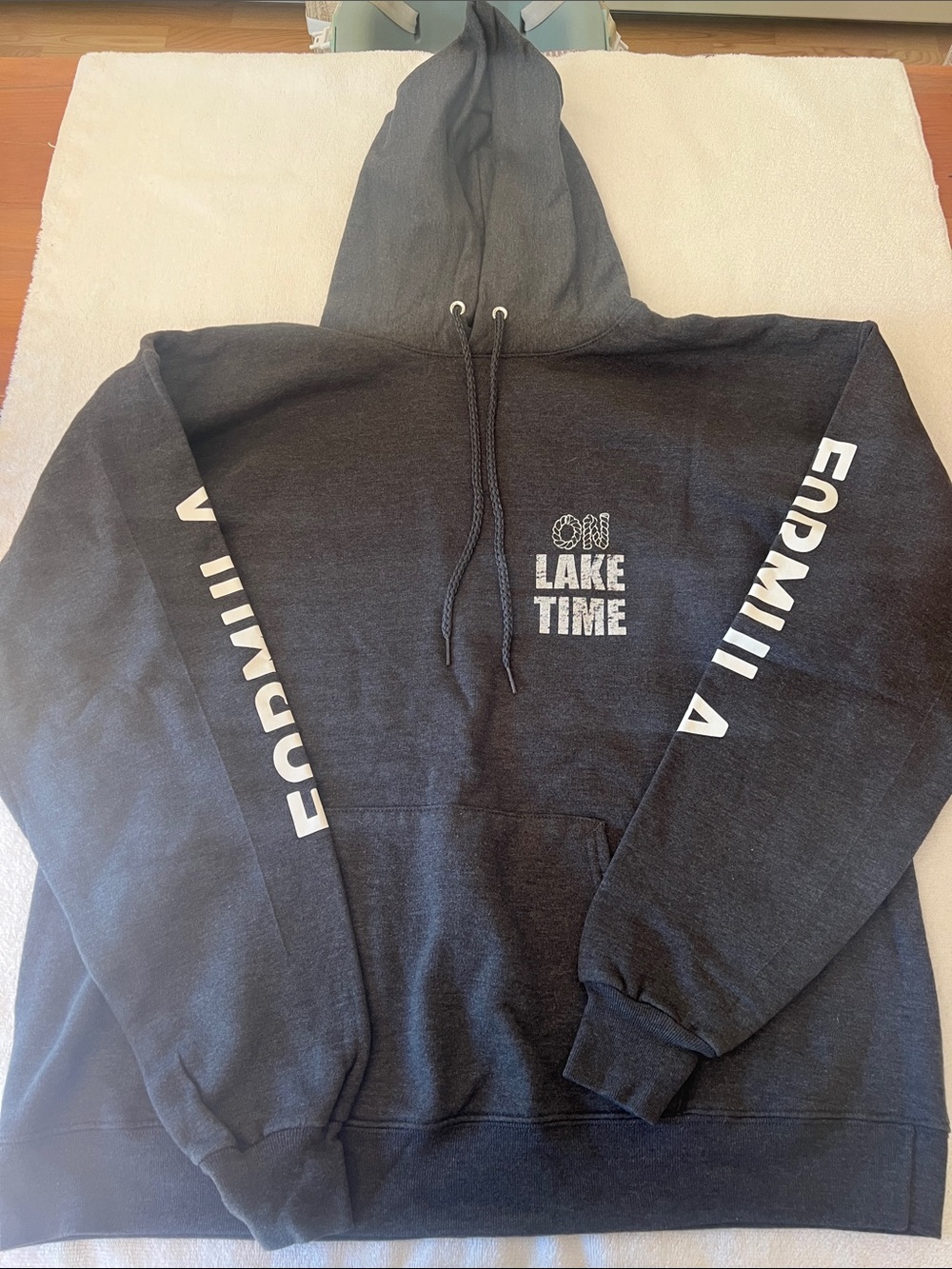 Hanes Dark Gray "On Lake Time" Hoodie with White Sleeve Graphics